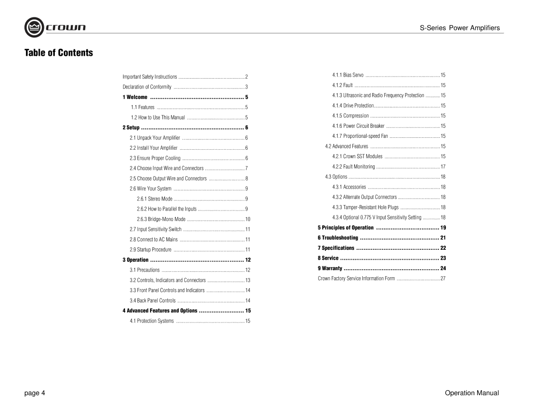 Crown Audio S Series operation manual Table of Contents 