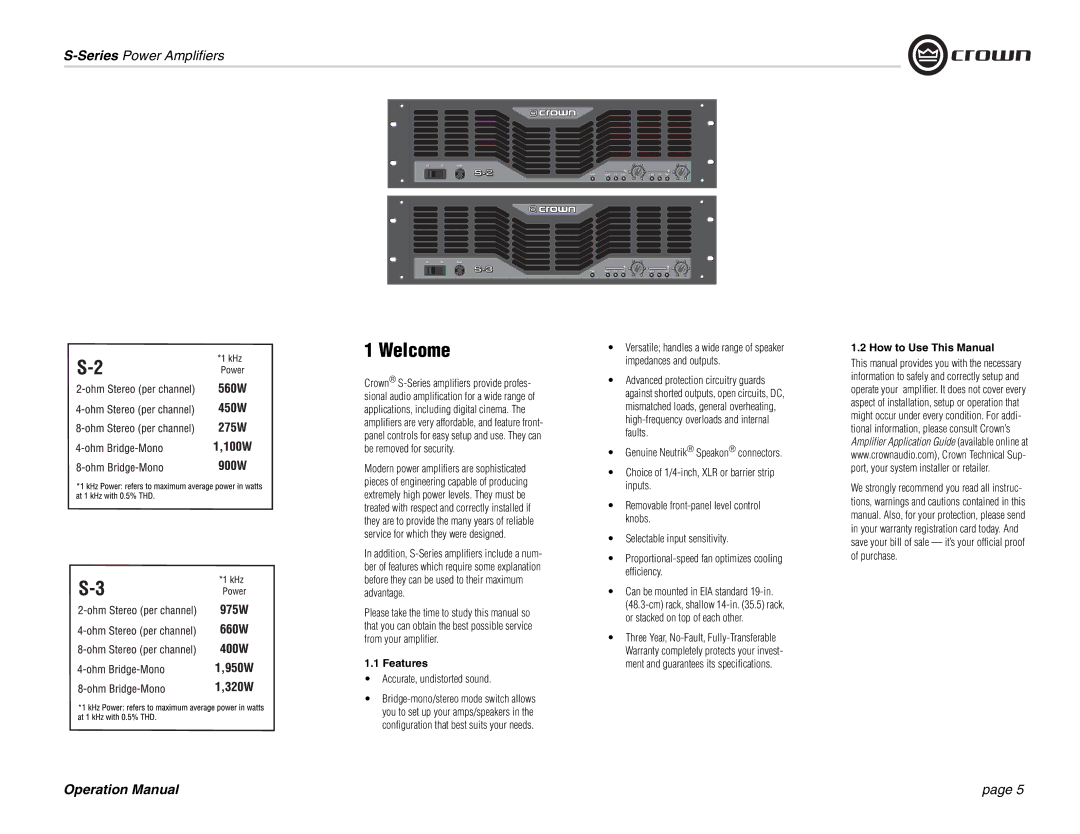 Crown Audio S Series operation manual Welcome, Features, Accurate, undistorted sound, How to Use This Manual 