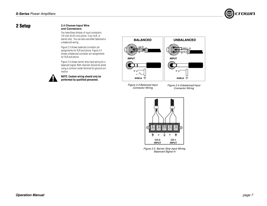 Crown Audio S Series operation manual Choose Input Wire and Connectors, Balanced Input Connector Wiring 