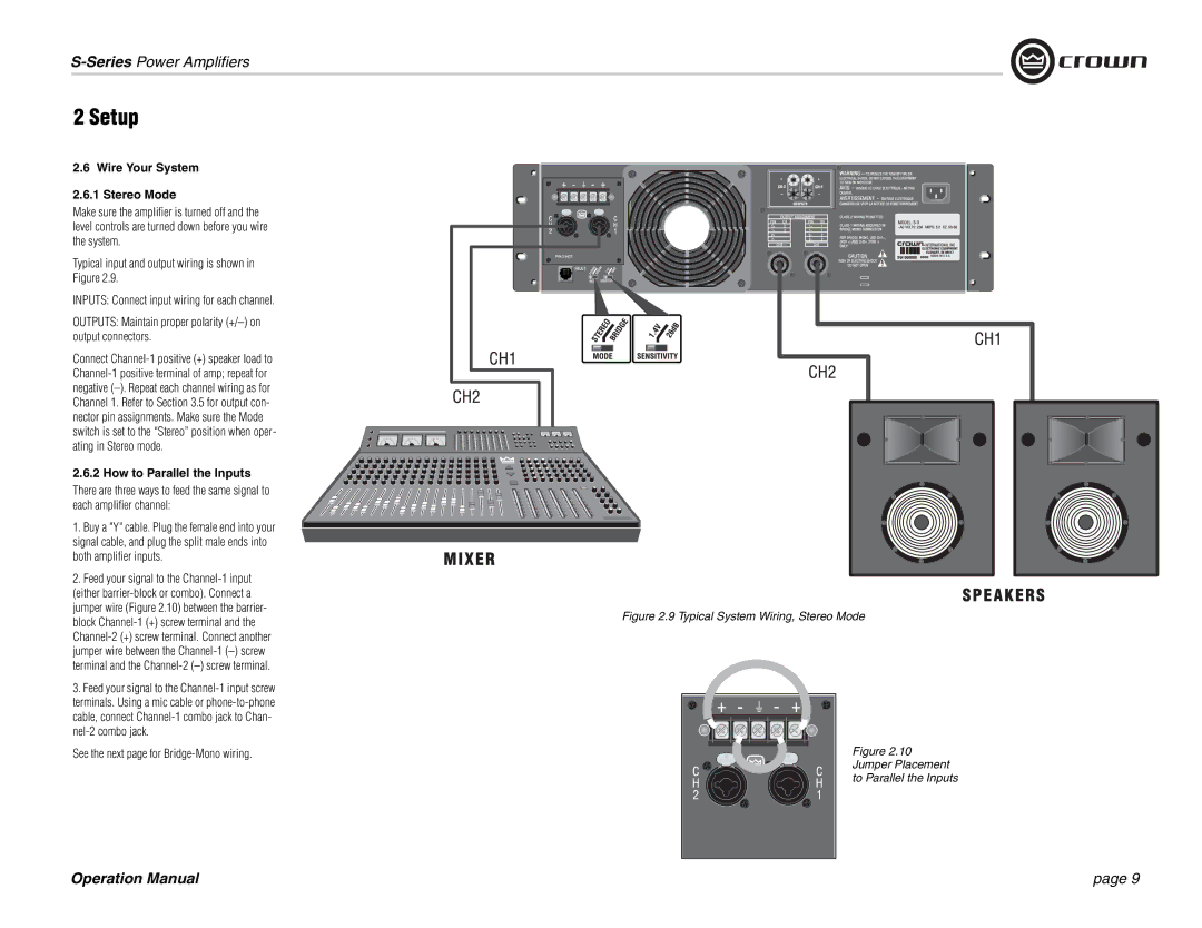 Crown Audio S Series Wire Your System Stereo Mode, How to Parallel the Inputs, See the next page for Bridge-Mono wiring 