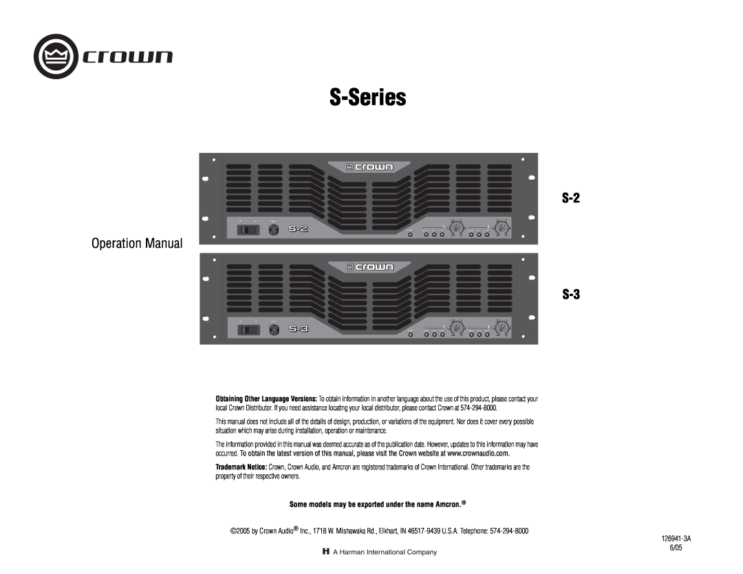 Crown Audio S Series operation manual S-2 S-3, Some models may be exported under the name Amcron, S-Series 
