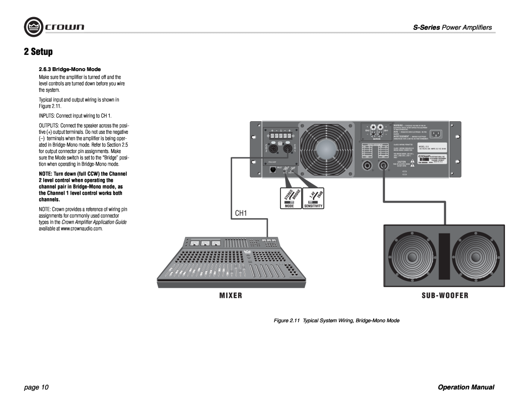 Crown Audio S Series operation manual 2Setup, 2.6.3Bridge-MonoMode, S-Series Power Amplifiers, page 