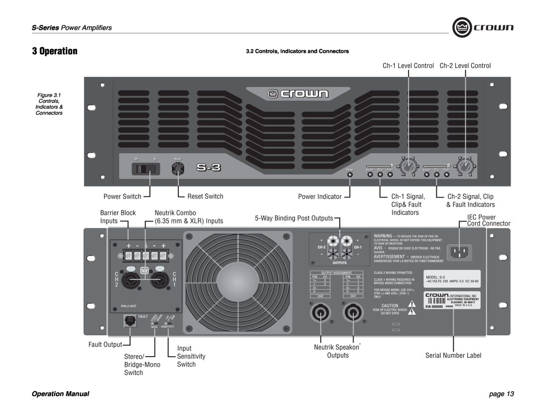 Crown Audio S Series operation manual Controls, Indicators and Connectors, Operation, S-Series Power Amplifiers, page 