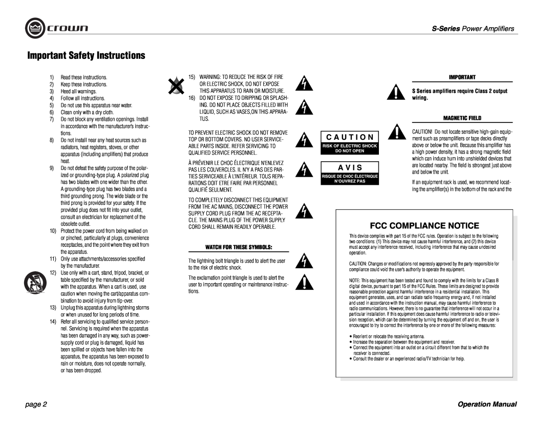 Crown Audio S Series Important Safety Instructions, S-Series Power Amplifiers, page, Watch For These Symbols 