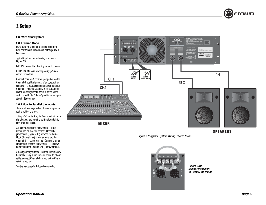 Crown Audio S Series Wire Your System 2.6.1 Stereo Mode, How to Parallel the Inputs, Setup, S-Series Power Amplifiers 