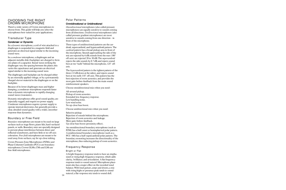 Crown Audio SASS manual Choosing the Right Crown Microphone 