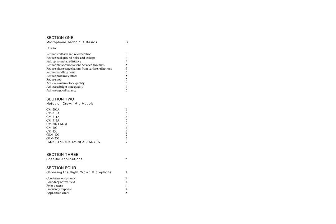 Crown Audio SASS manual Section ONE, Section TWO Section Three, Section Four 