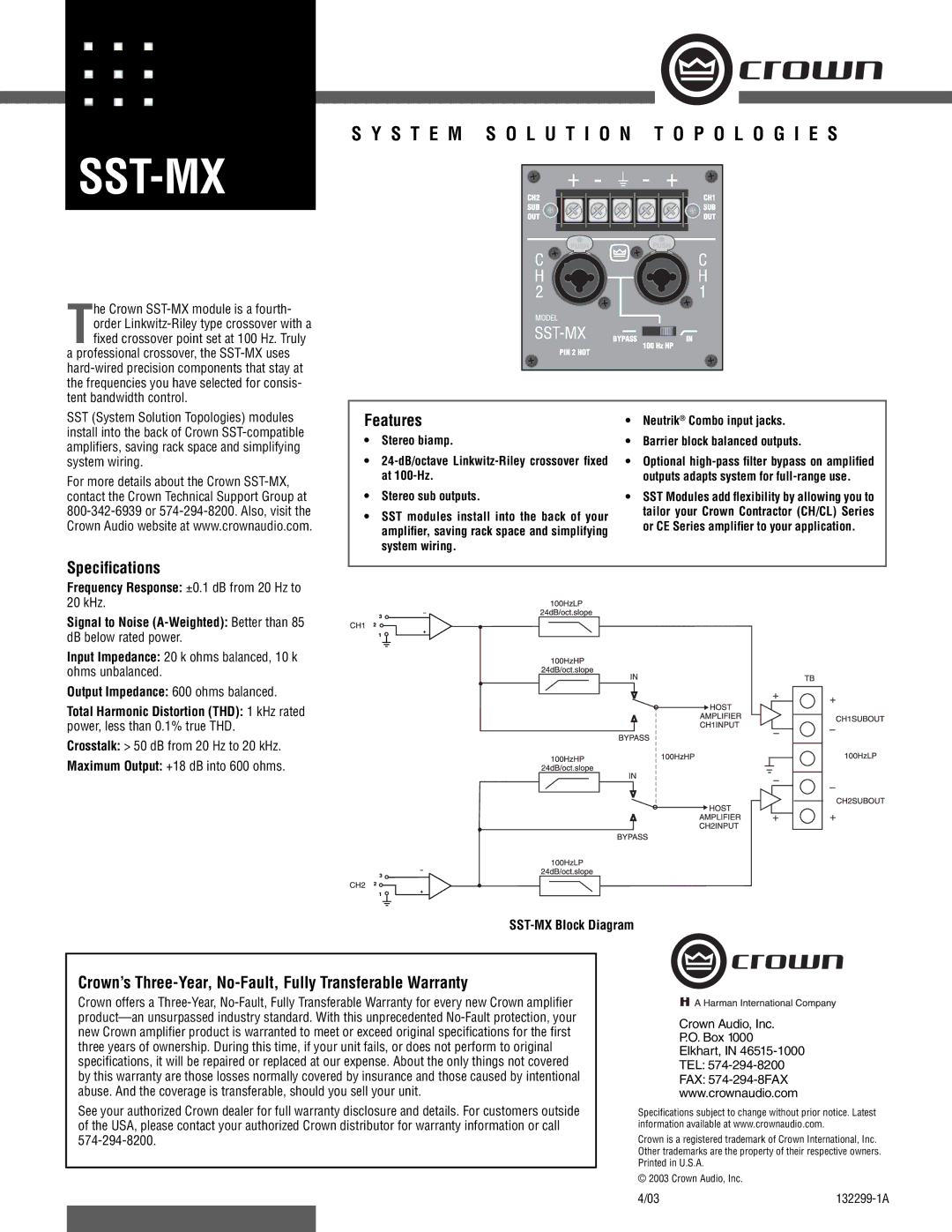 Crown Audio SST-MX specifications Sst-Mx, S T E M S O L U T I O N T O P O L O G I E S, Speciﬁcations, Features 