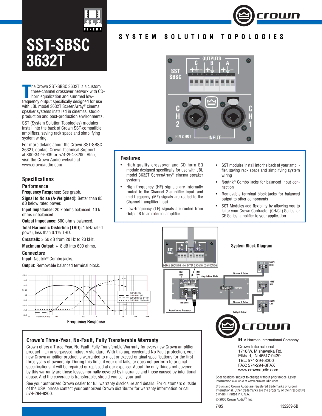 Crown Audio SST-SBSC 3632T specifications S T E M S O L U T I O N T O P O L O G I E S, Speciﬁcations, Features 