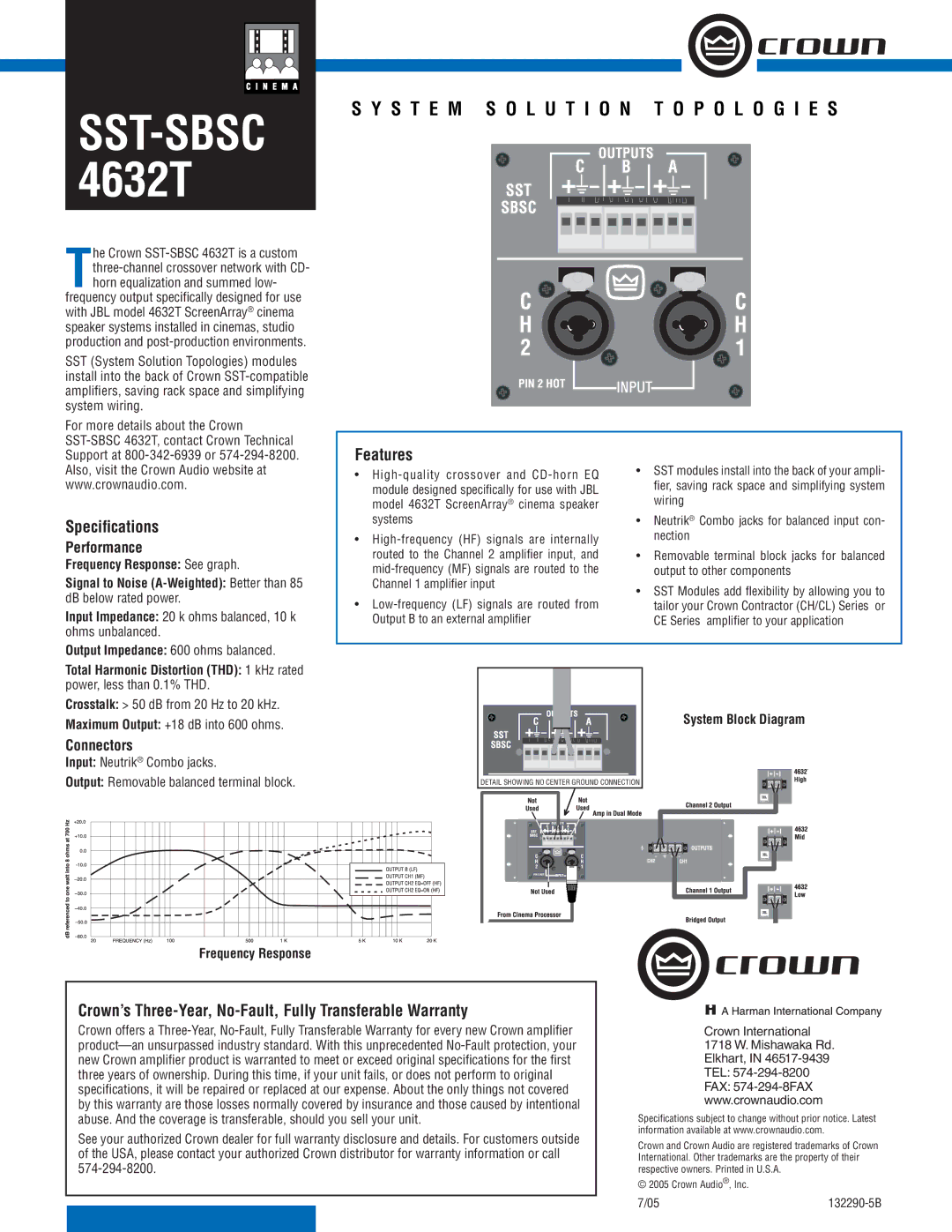 Crown Audio SST-SBSC 4632T specifications S T E M S O L U T I O N T O P O L O G I E S, Speciﬁcations, Features 