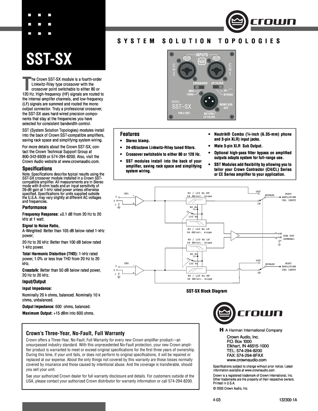 Crown Audio SST-SX specifications Sst-Sx, S Y S T E M S O L U T I O N T O P O L O G I E S, Features, Speciﬁcations 