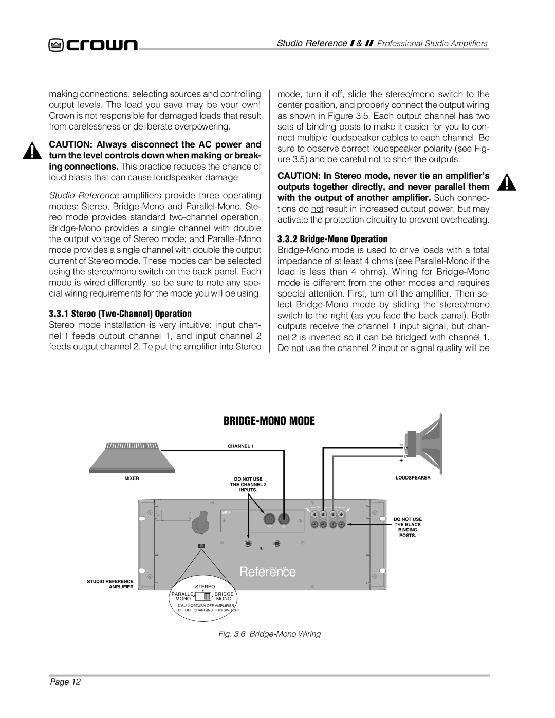 Crown Audio STUDIO AMPLIFIER owner manual Stereo Two-Channel Operation, Bridge-Mono Operation 