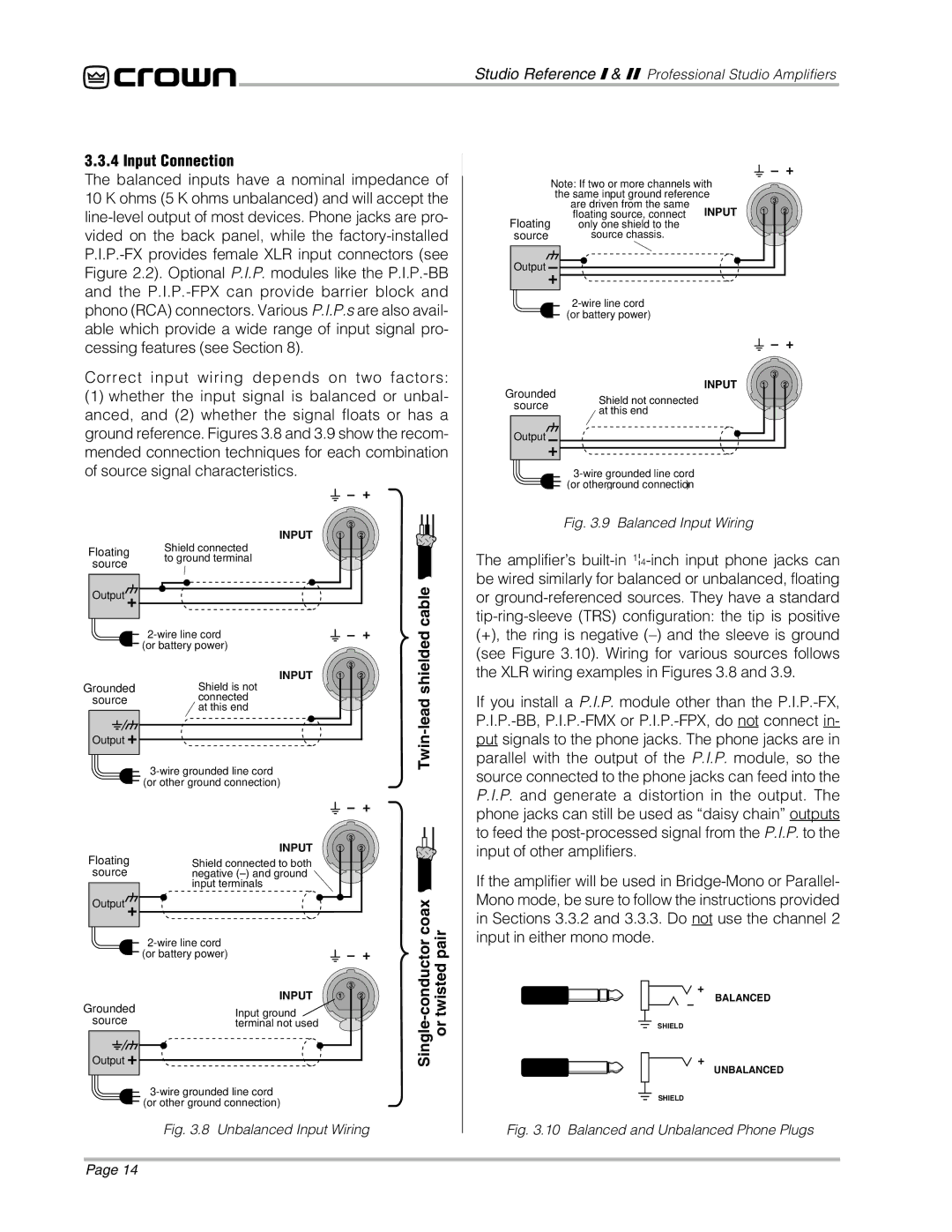 Crown Audio STUDIO AMPLIFIER owner manual Input Connection, Cable, Shielded, Twin-lead 