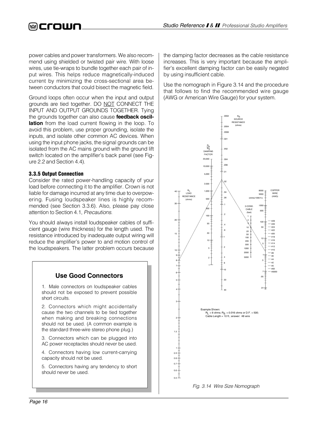 Crown Audio STUDIO AMPLIFIER owner manual Use Good Connectors, Output Connection 