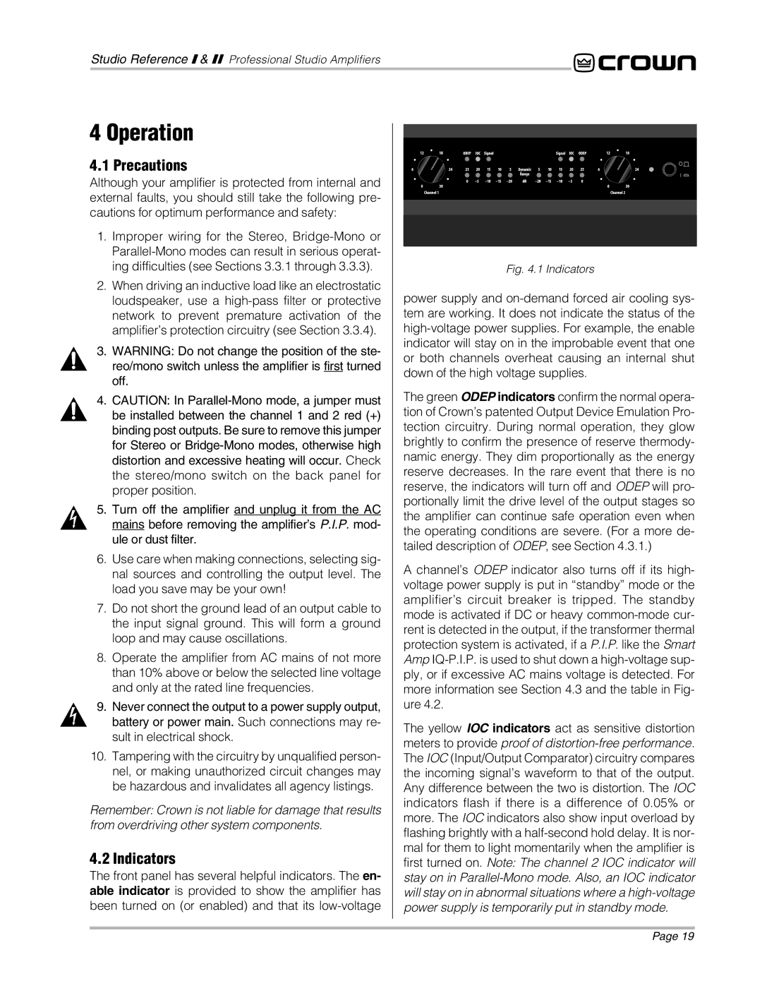 Crown Audio STUDIO AMPLIFIER owner manual Operation, Precautions, Indicators 