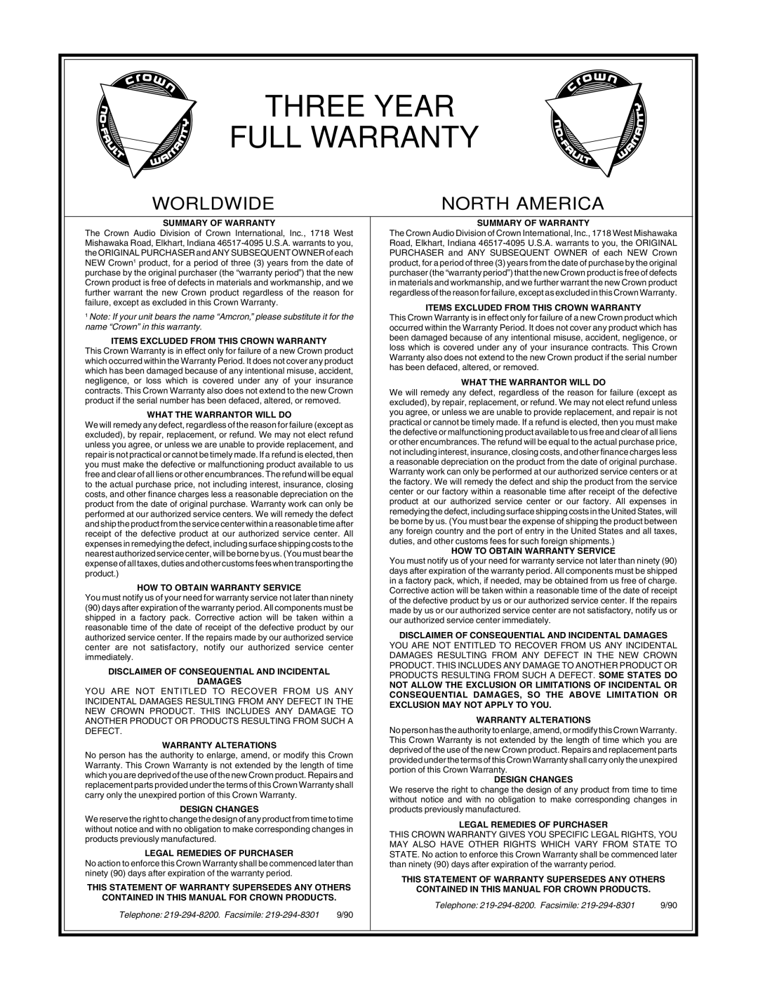 Crown Audio STUDIO AMPLIFIER owner manual Three Year Full Warranty 