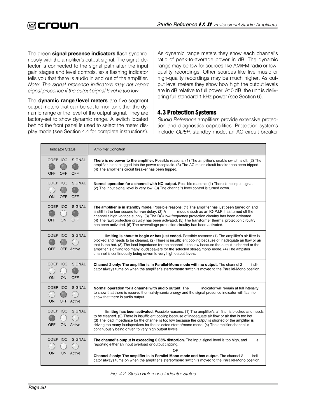 Crown Audio STUDIO AMPLIFIER owner manual Protection Systems, Indicator Status Amplifier Condition 