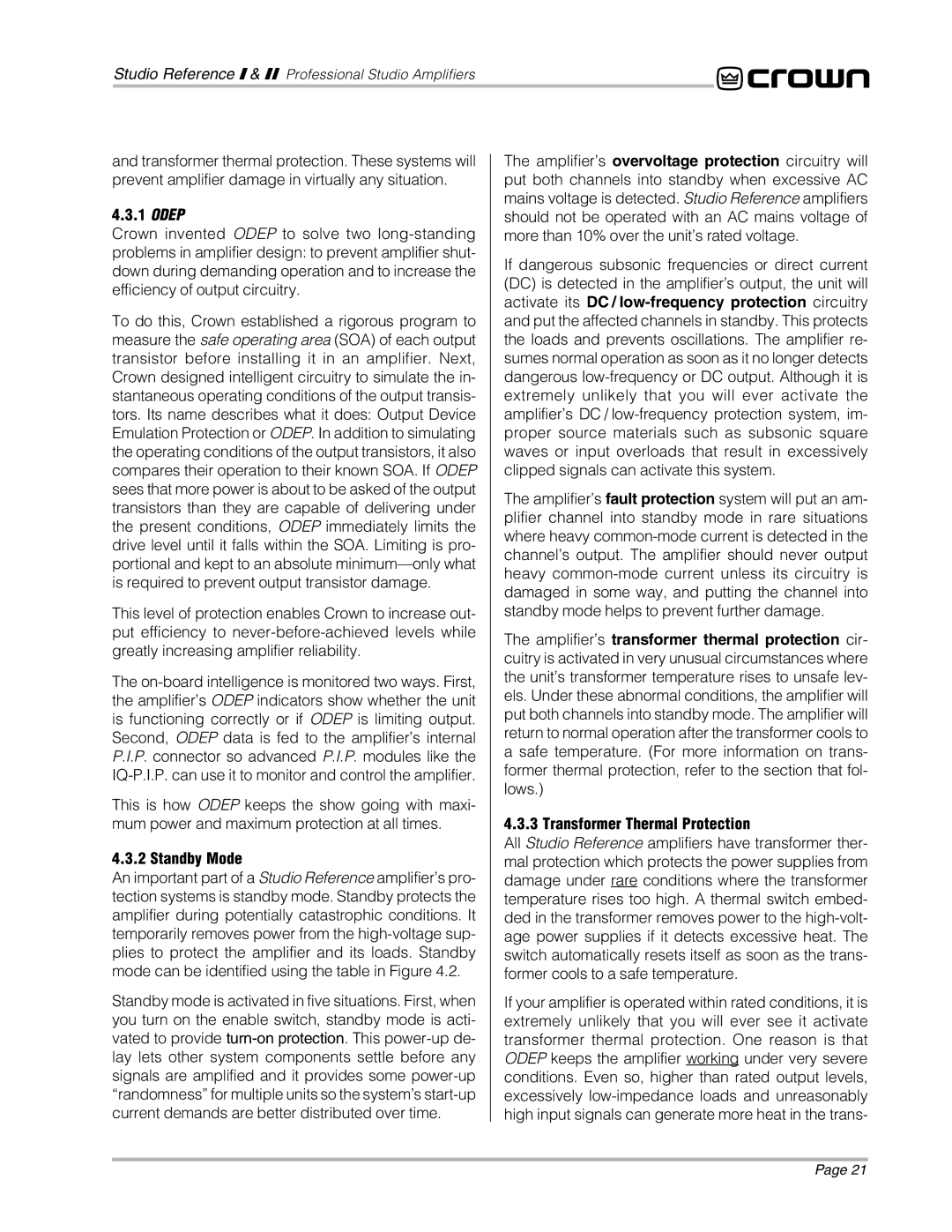 Crown Audio STUDIO AMPLIFIER Odep, Activate its DC / low-frequency protection circuitry, Transformer Thermal Protection 