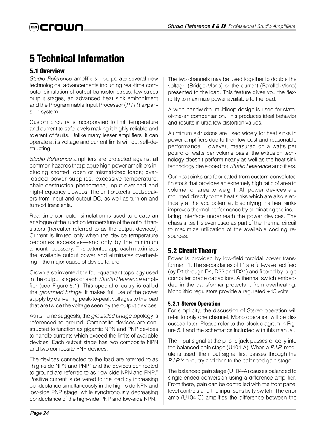 Crown Audio STUDIO AMPLIFIER owner manual Technical Information, Overview, Circuit Theory, Stereo Operation 