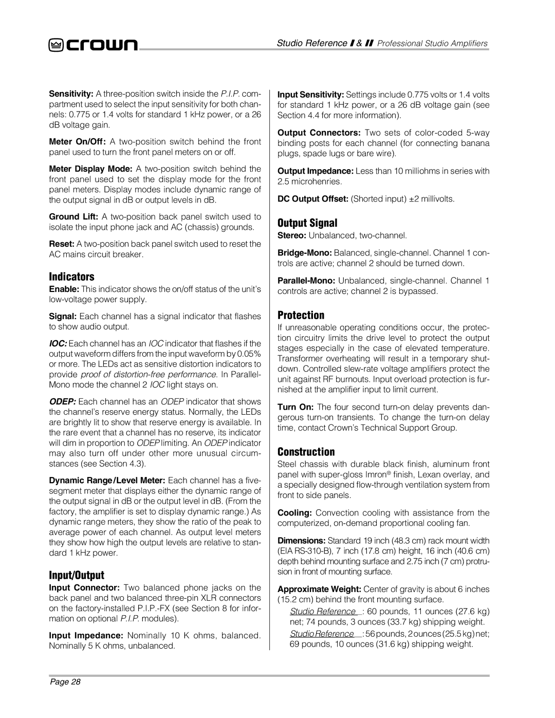 Crown Audio STUDIO AMPLIFIER owner manual Input/Output, Output Signal, Protection, Construction 