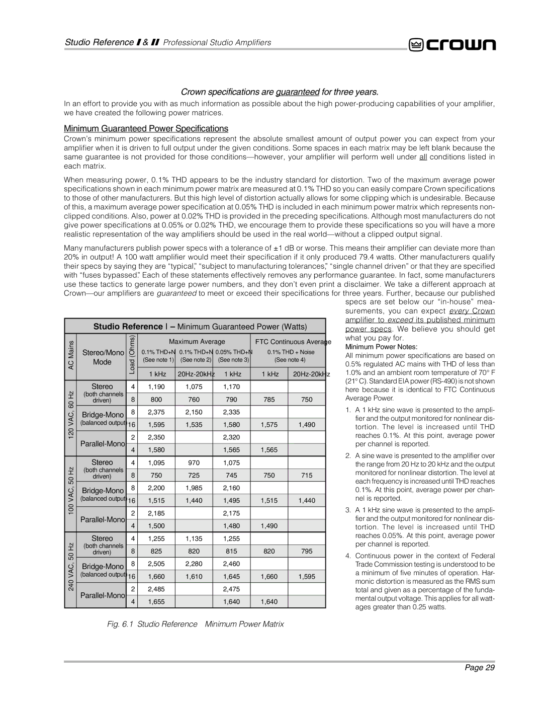 Crown Audio STUDIO AMPLIFIER Crown specifications are guaranteed for three years, Minimum Guaranteed Power Specifications 
