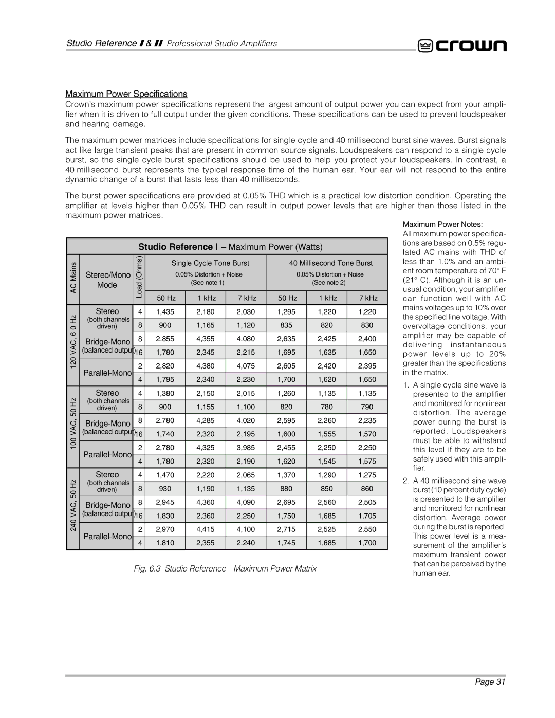 Crown Audio STUDIO AMPLIFIER owner manual Maximum Power Specifications, Studio Reference I Maximum Power Watts 