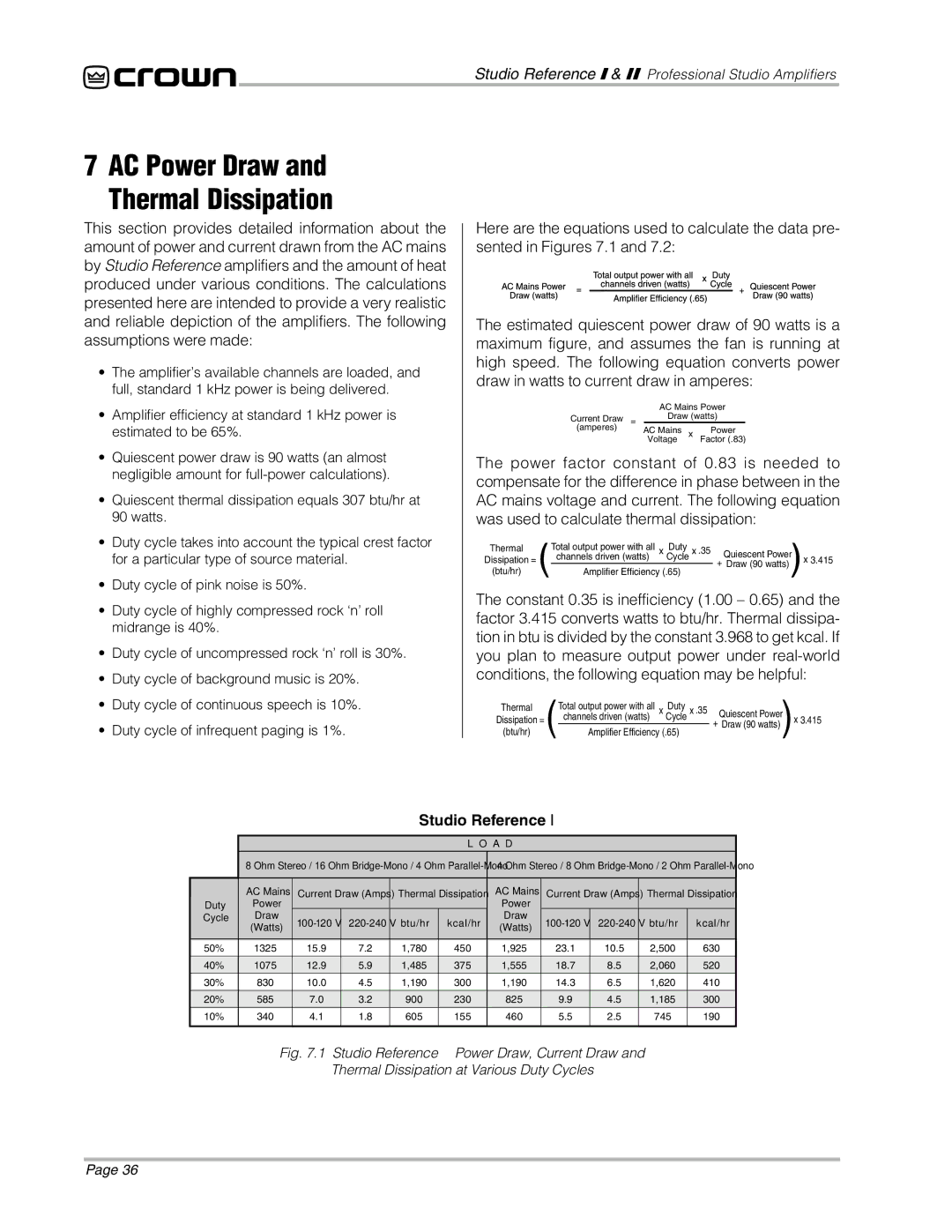 Crown Audio STUDIO AMPLIFIER owner manual AC Power Draw and Thermal Dissipation, Studio Reference 