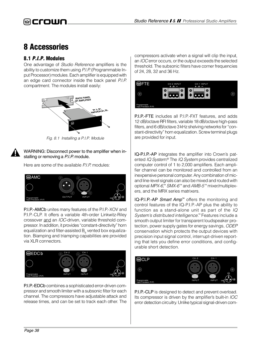 Crown Audio STUDIO AMPLIFIER owner manual Accessories, P.I.P. Modules, Here are some of the available P.I.P. modules 