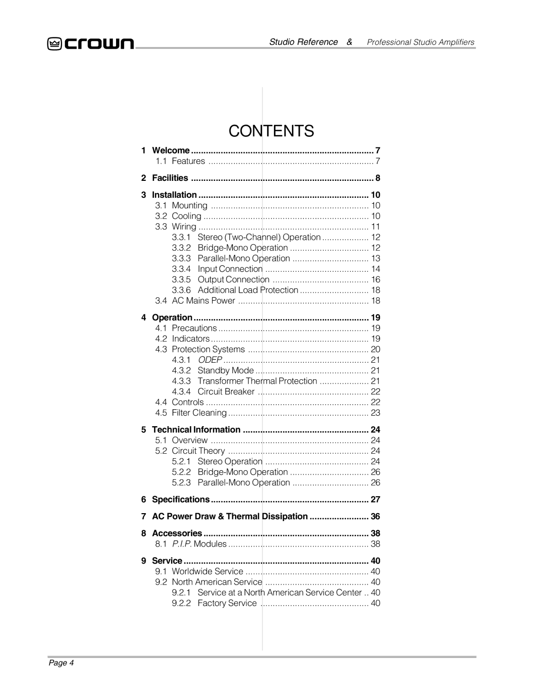 Crown Audio STUDIO AMPLIFIER owner manual Contents 