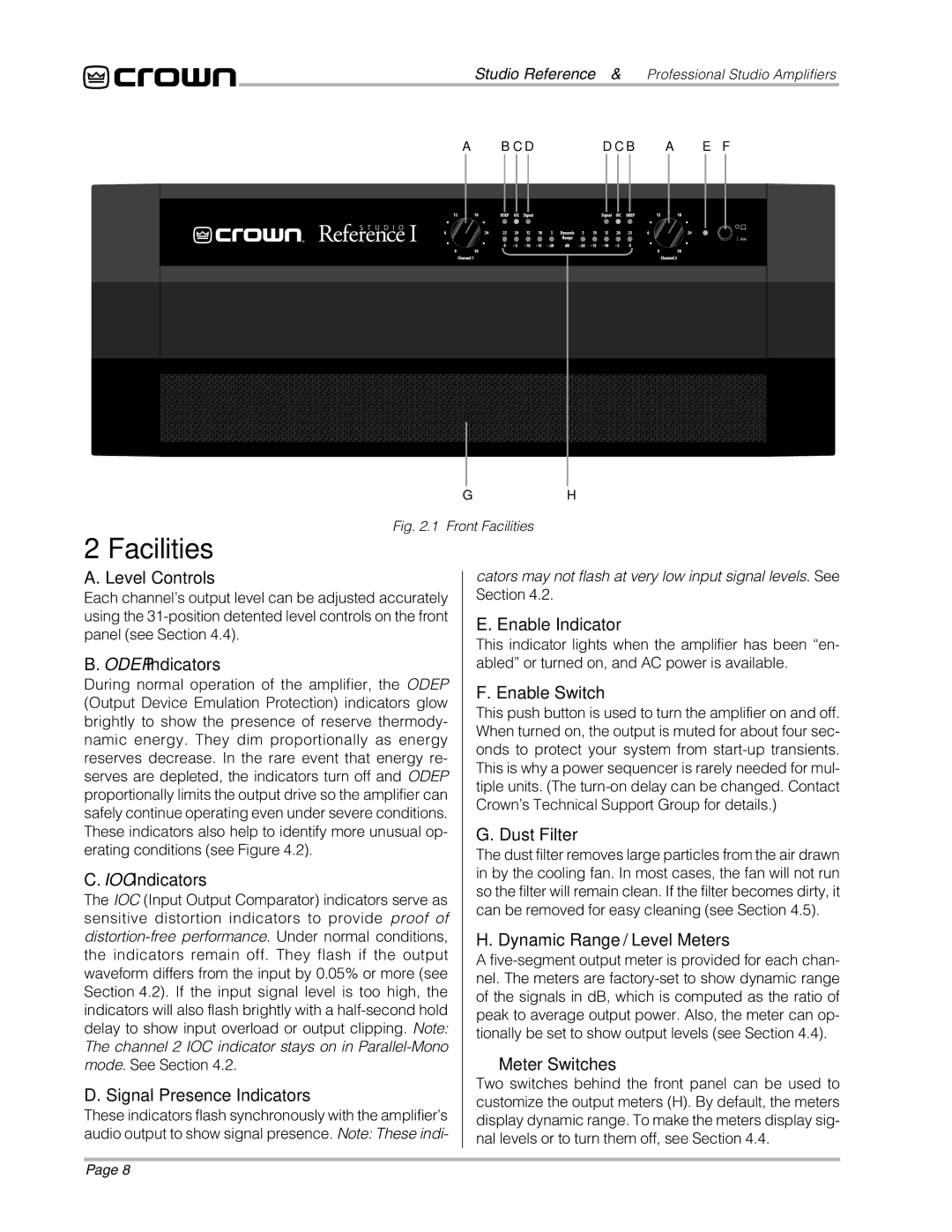 Crown Audio STUDIO AMPLIFIER owner manual Facilities, Level Controls 