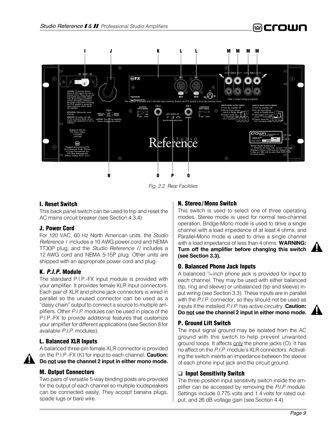 Crown Audio STUDIO AMPLIFIER owner manual Reset Switch, Do not use the channel 2 input in either mono mode 