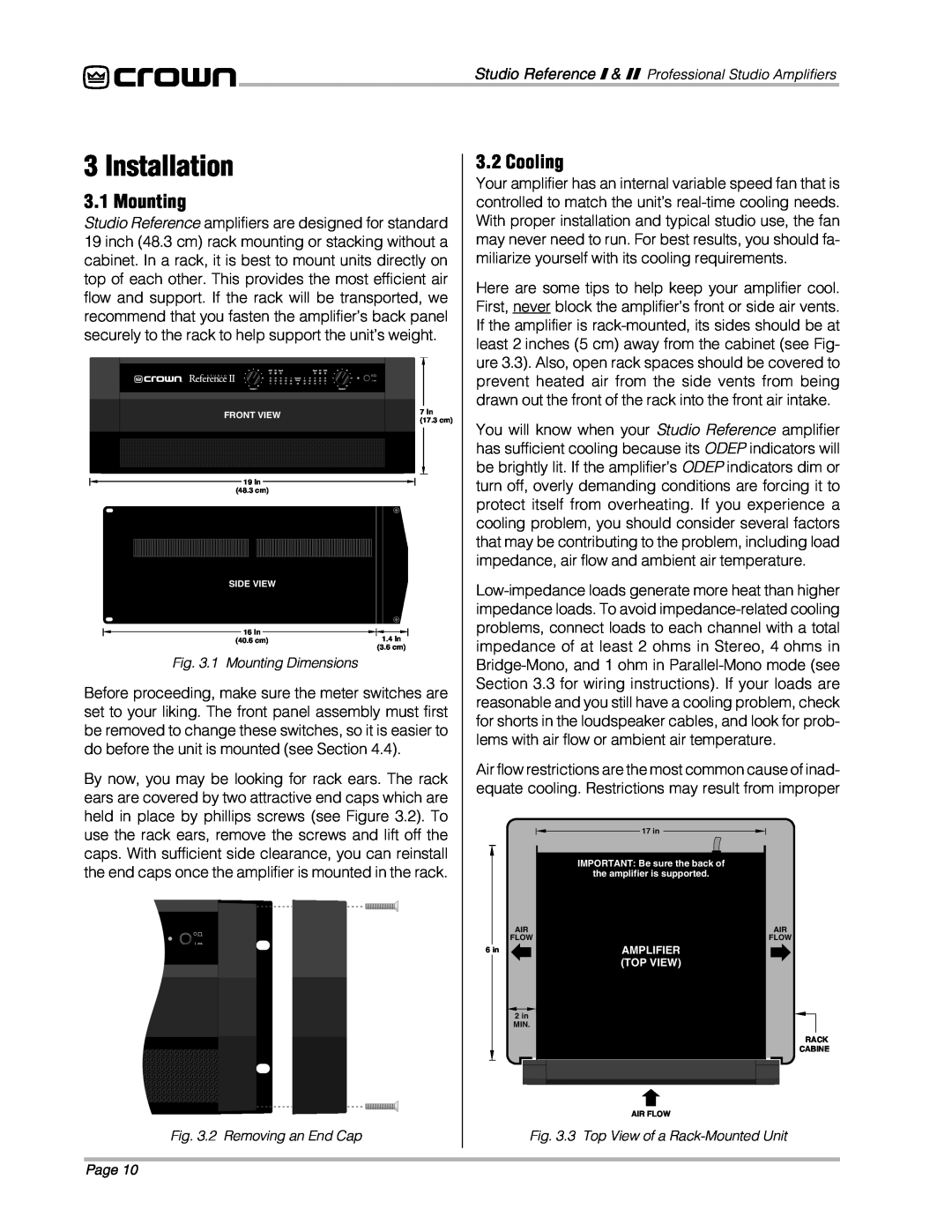 Crown Audio STUDIO AMPLIFIER owner manual Installation, Mounting, Cooling 