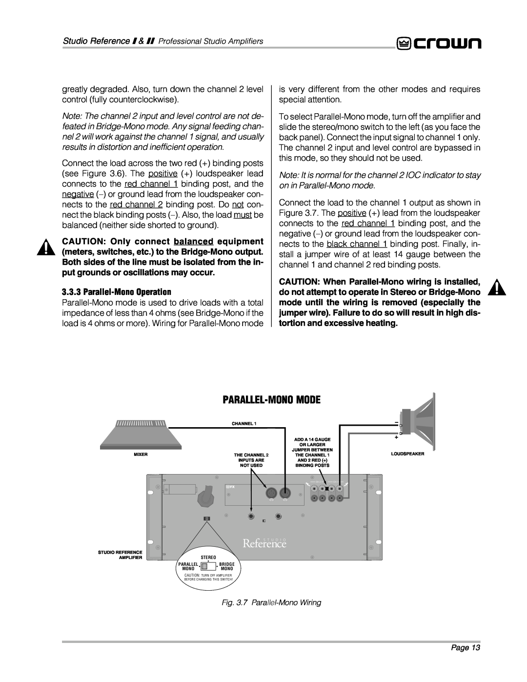Crown Audio STUDIO AMPLIFIER owner manual results in distortion and inefficient operation, on in Parallel-Monomode 