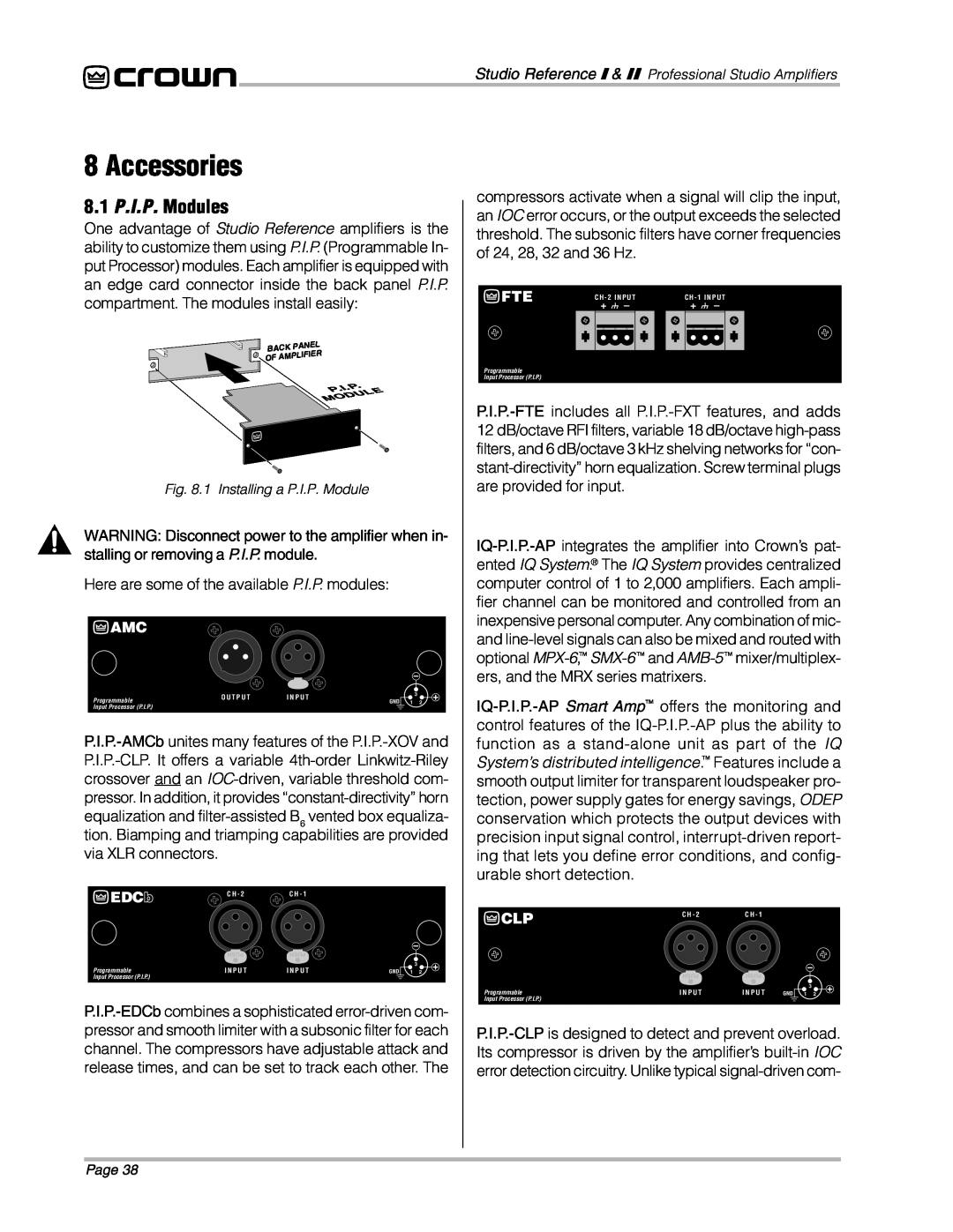 Crown Audio STUDIO AMPLIFIER owner manual Accessories, 8.1 P.I.P. Modules, EDCb 