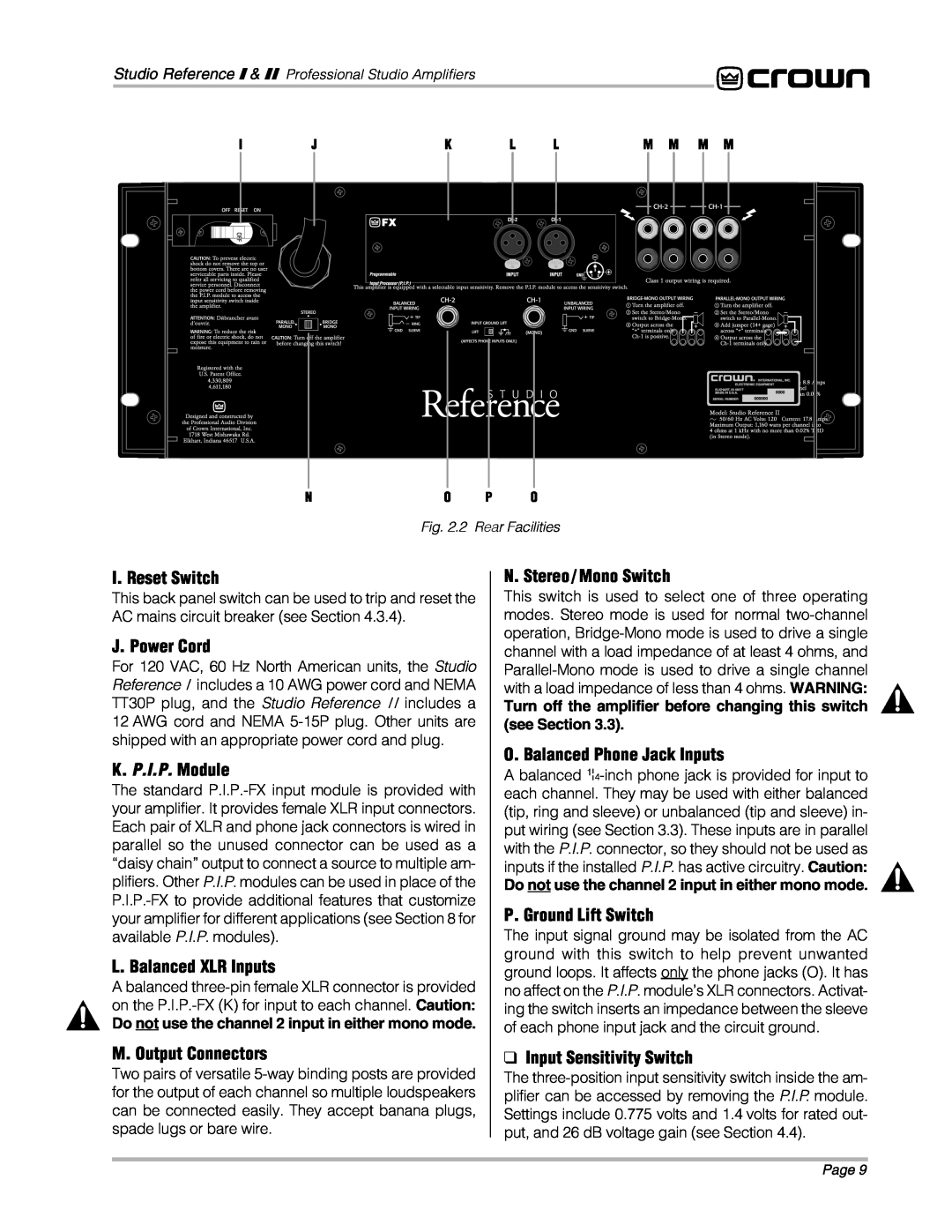 Crown Audio STUDIO AMPLIFIER owner manual I. Reset Switch, J. Power Cord, K. P.I.P. Module, L. Balanced XLR Inputs 
