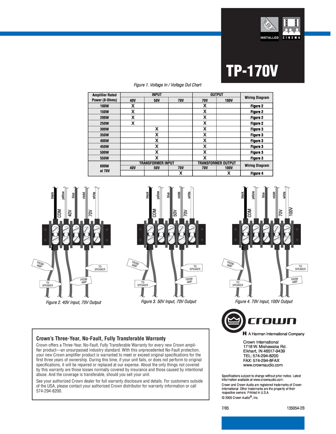 Crown Audio TP-170V Crown’s Three-Year, No-Fault, Fully Transferable Warranty, Voltage In / Voltage Out Chart 
