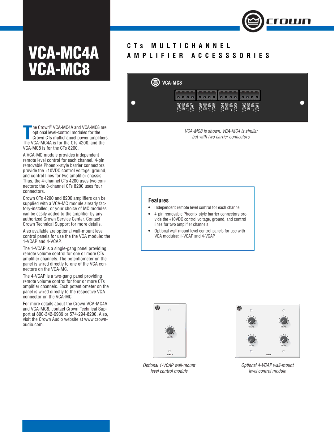 Crown Audio manual VCA-MC4A VCA-MC8, P L I F I E R a C C E S S S O R I E S, Features 