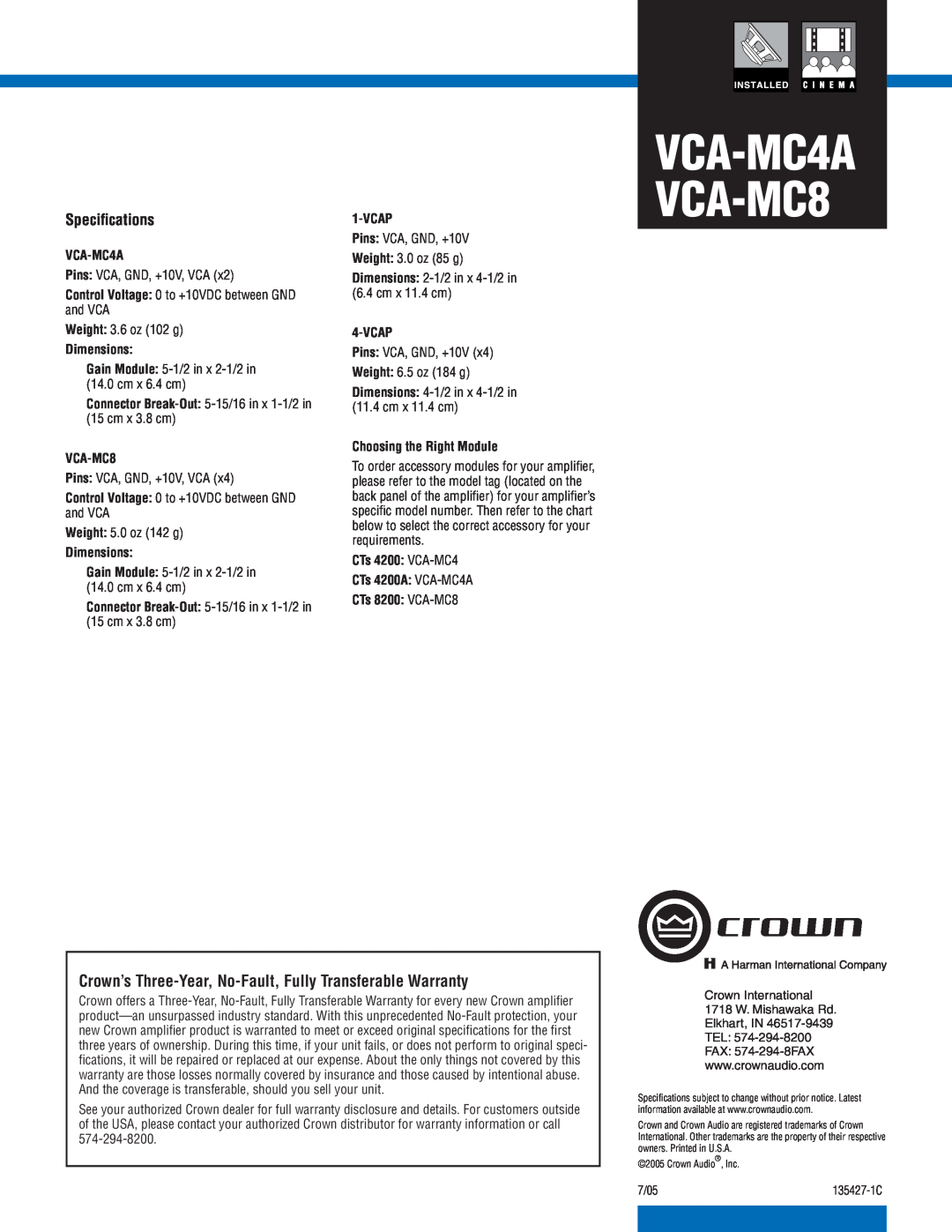 Crown Audio manual VCA-MC4A VCA-MC8, Speciﬁcations 