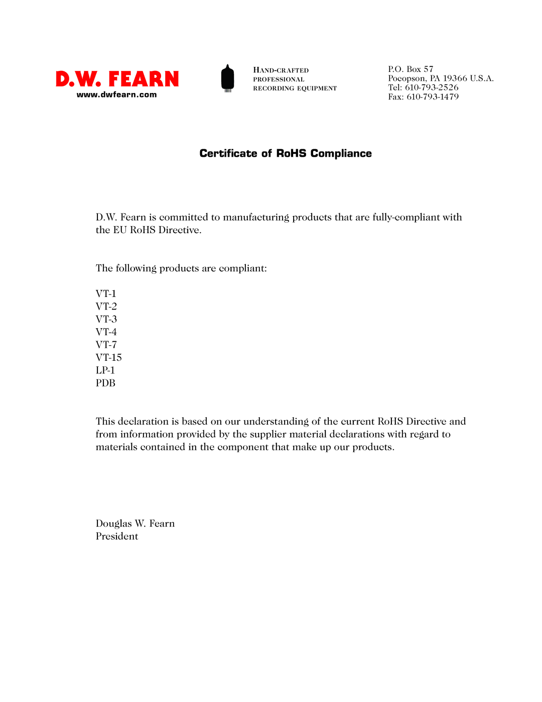 Crown Audio VT-15 manual Fearn, Certificate of RoHS Compliance 