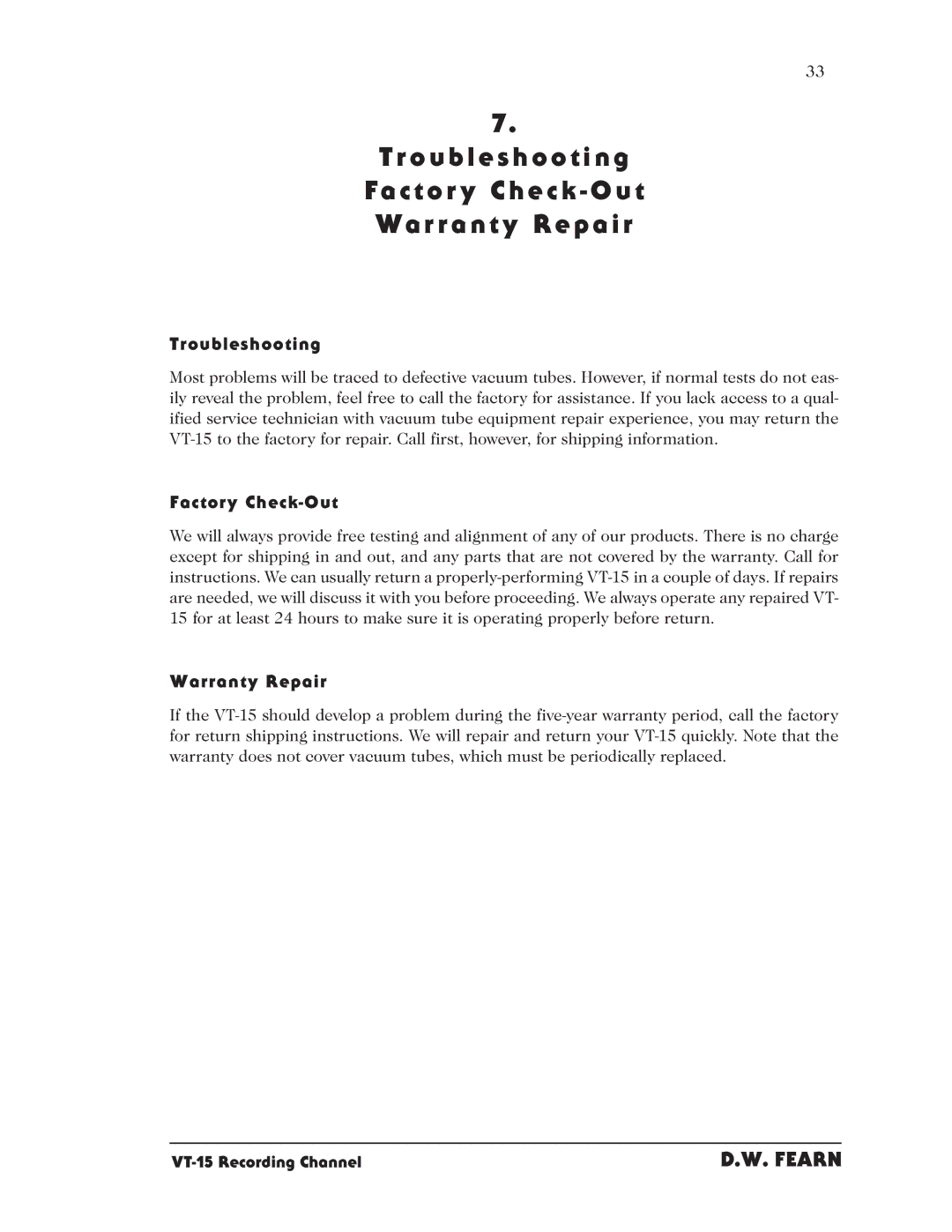 Crown Audio VT-15 manual Troubleshooting, Factory Check-Out, Warranty Repair 