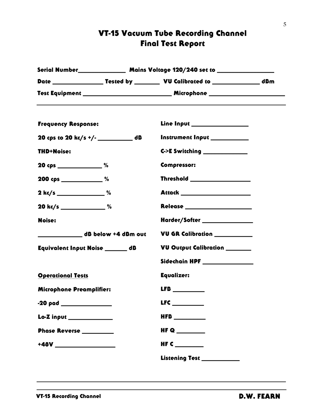 Crown Audio manual VT-15 Vacuum Tube Recording Channel Final Test Report 