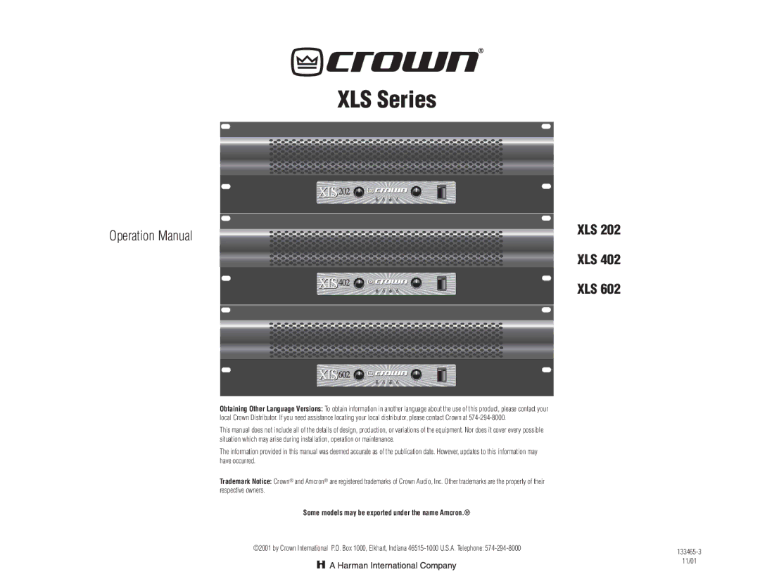 Crown Audio XL Series operation manual XLS Series 