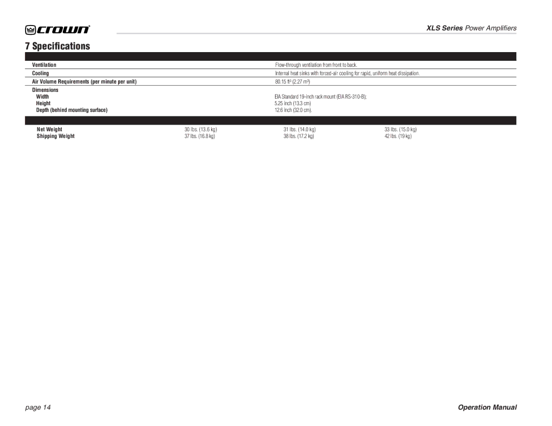Crown Audio XL Series Ventilation, Cooling, Air Volume Requirements per minute per unit, Dimensions Width, Height 