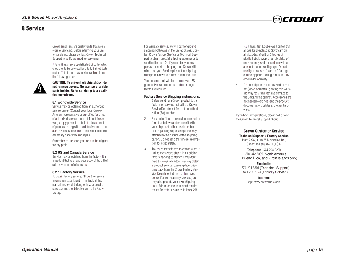 Crown Audio XL Series operation manual Technical Support / Factory Service, Facsimile Internet 