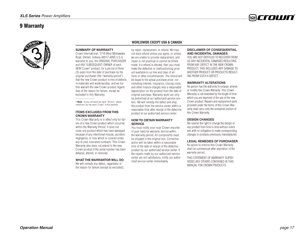 Crown Audio XL Series operation manual Worldwide Except USA & Canada 