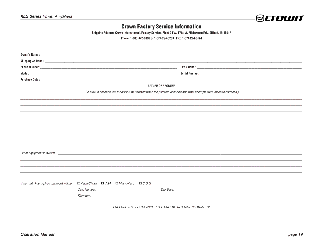 Crown Audio XL Series operation manual Crown Factory Service Information, Model 