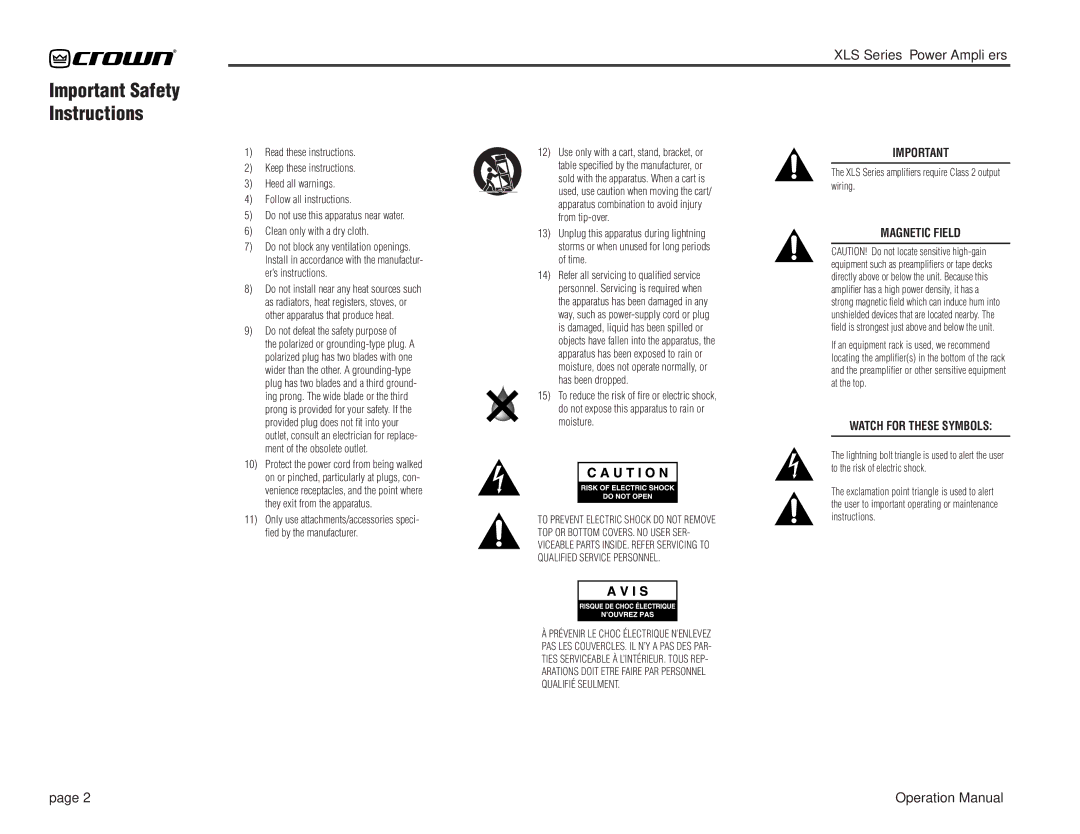 Crown Audio XL Series operation manual Important Safety Instructions, Do not defeat the safety purpose 