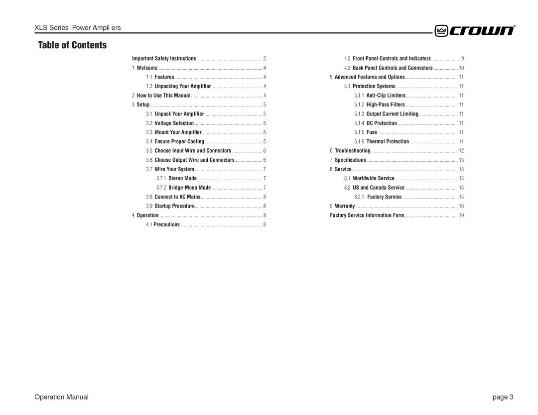 Crown Audio XL Series operation manual Table of Contents 