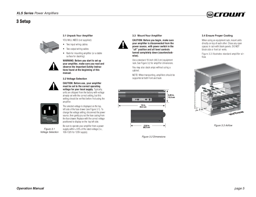 Crown Audio XL Series operation manual Setup, You may also stack amps without using a cabinet 