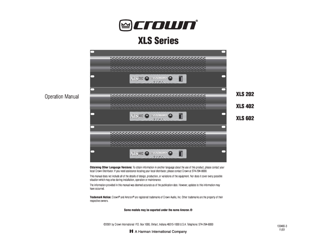 Crown Audio XL Series operation manual XLS Series 